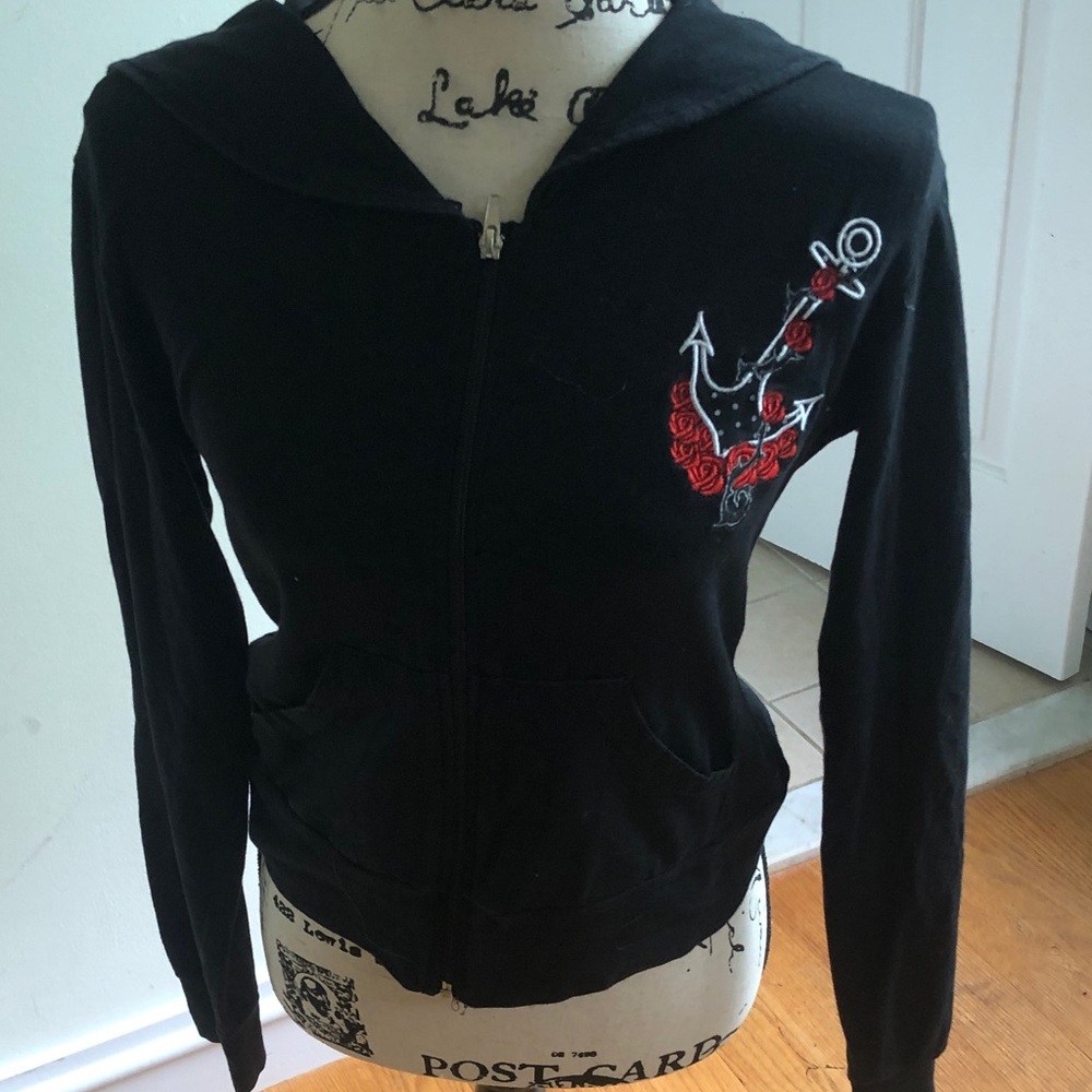 Black Zip-Up Hoodie with Red Rose & Anchor Embroidery - Women